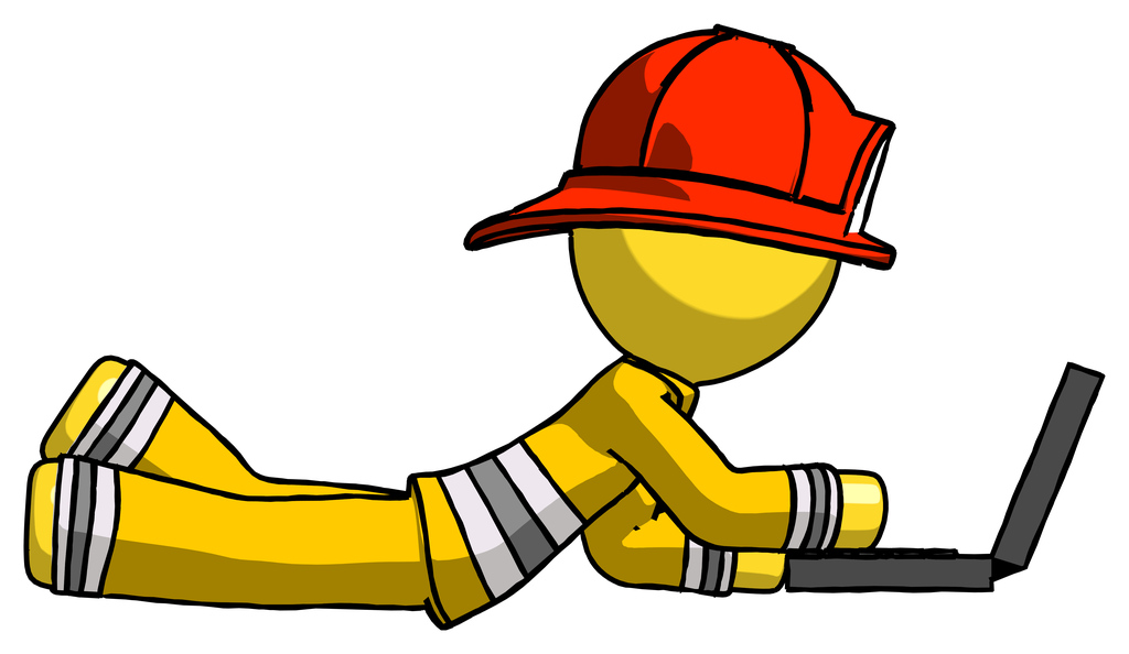 Yellow Firefighter Fireman Man using laptop computer while lying on floor side view