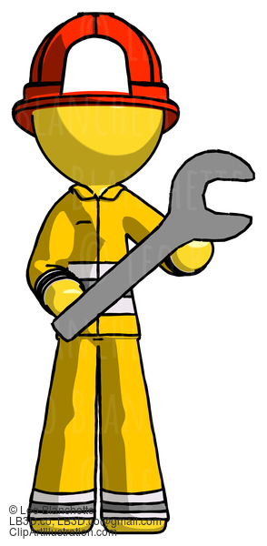 Yellow Firefighter Fireman Man Holding Large Wrench With Both Hands #14249