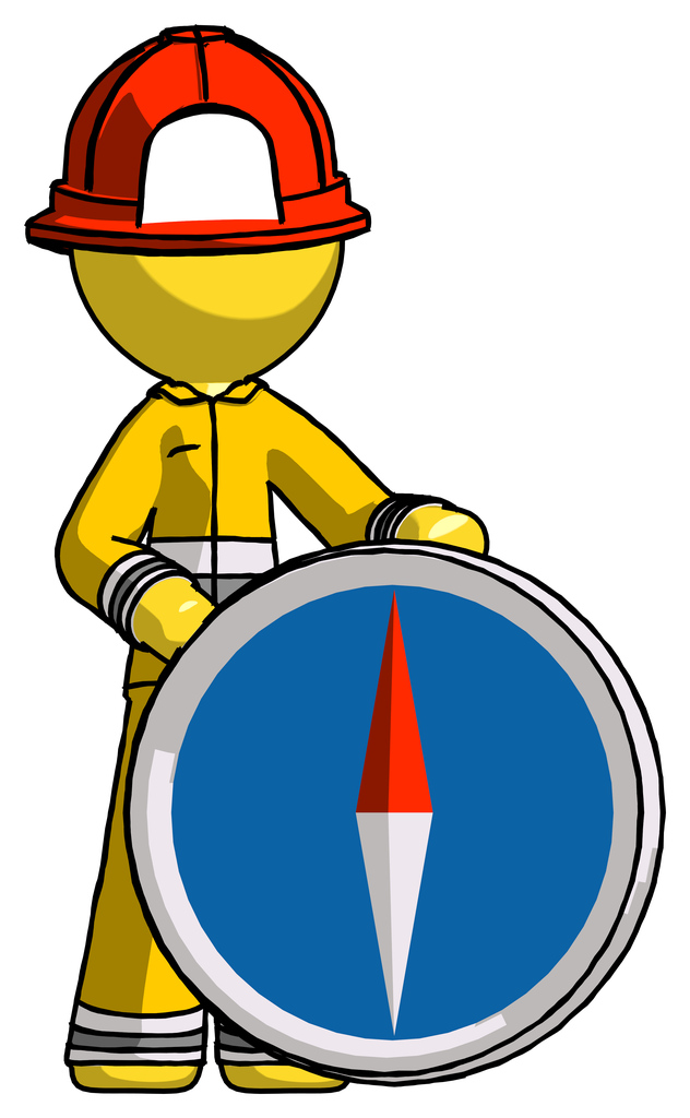 Yellow Firefighter Fireman Man standing beside large compass