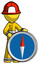 Yellow Firefighter Fireman Man standing beside large compass