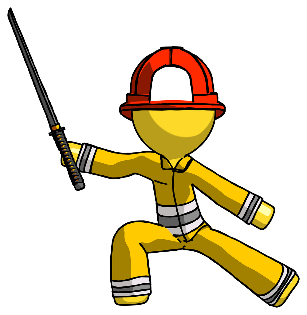 Yellow Firefighter Fireman Man with ninja sword katana in defense pose