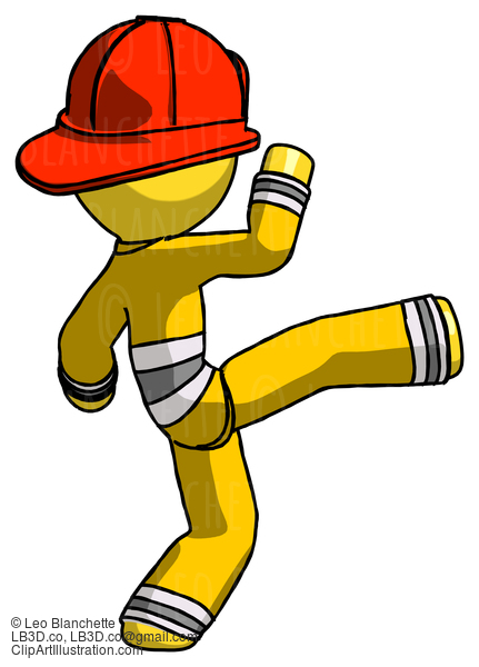 Yellow Firefighter Fireman Man Kick Pose #14252