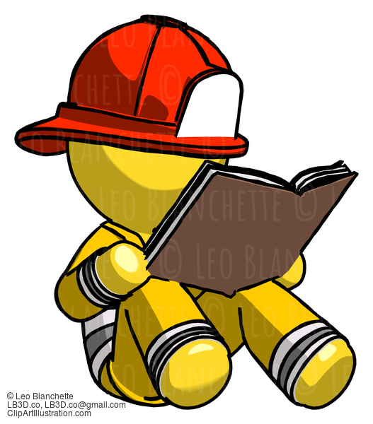 Yellow Firefighter Fireman Man Reading Book While Sitting Down #14255