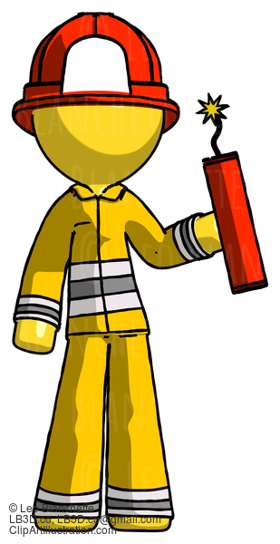 Yellow Firefighter Fireman Man Holding Dynamite With Fuse Lit #14257