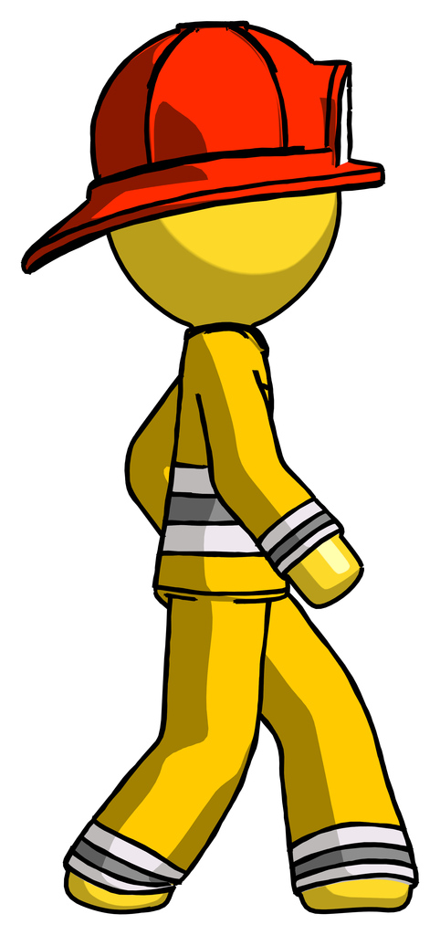 Yellow Firefighter Fireman man walking right side view
