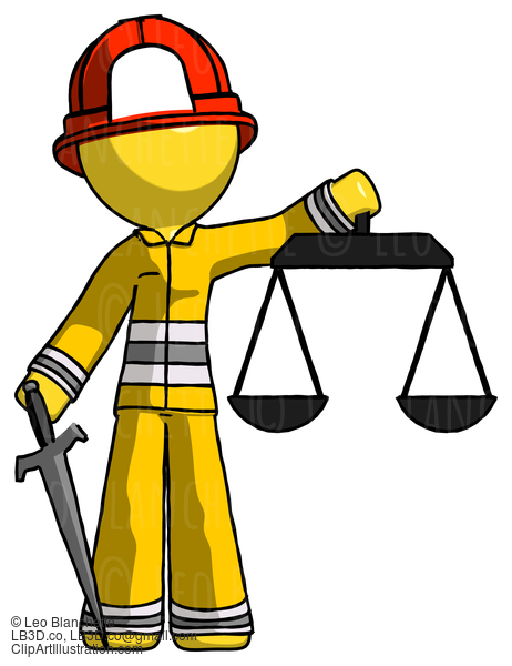 Yellow Firefighter Fireman Man Justice Concept With Scales And Sword, Justicia Derived #14260