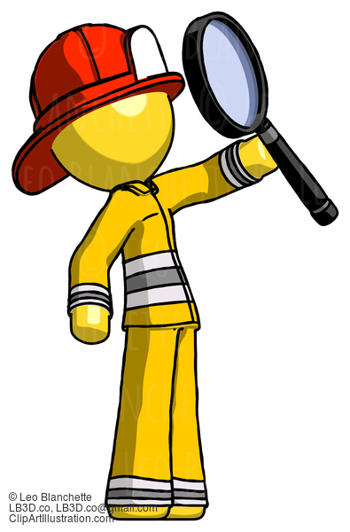 Yellow Firefighter Fireman Man Inspecting With Large Magnifying Glass Facing Up #14261