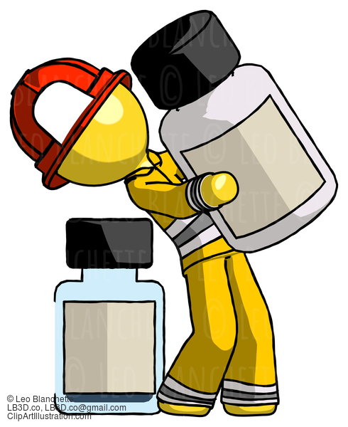 Yellow Firefighter Fireman Man Holding Large White Medicine Bottle With Bottle In Background #14262