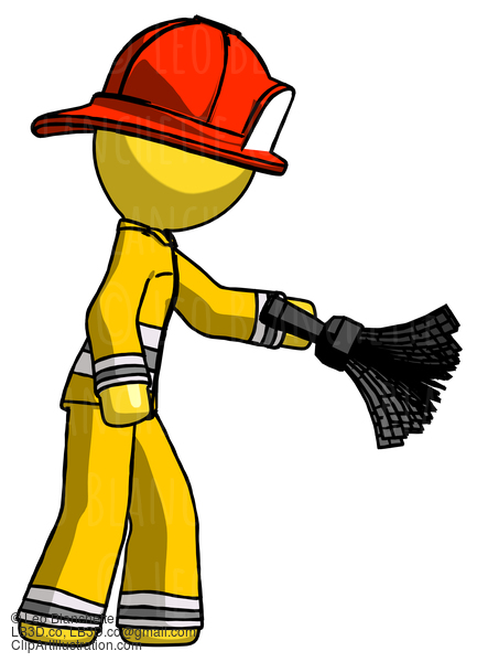 Yellow Firefighter Fireman Man Dusting With Feather Duster Downwards #14264