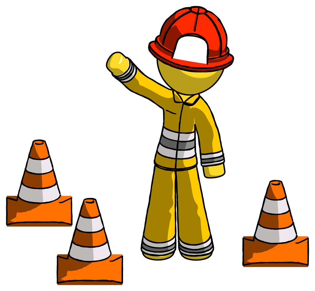 Yellow Firefighter Fireman Man Standing By Traffic Cones Waving