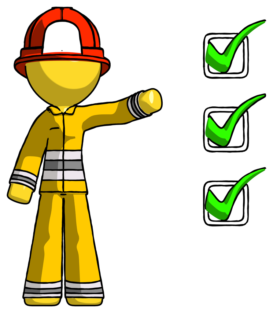 Yellow Firefighter Fireman Man standing by list of checkmarks