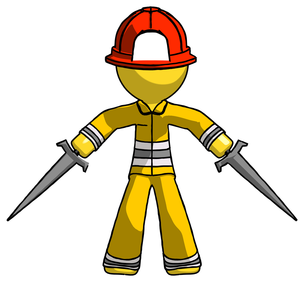 Yellow Firefighter Fireman Man two sword defense pose