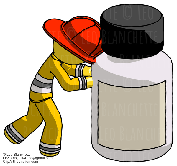 Yellow Firefighter Fireman Man Pushing Large Medicine Bottle #14278