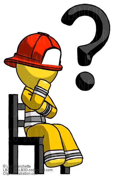 Yellow Firefighter Fireman Man Question Mark Concept, Sitting On Chair Thinking #14279