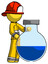 Yellow Firefighter Fireman Man Standing Beside Large Round Flask Or Beaker