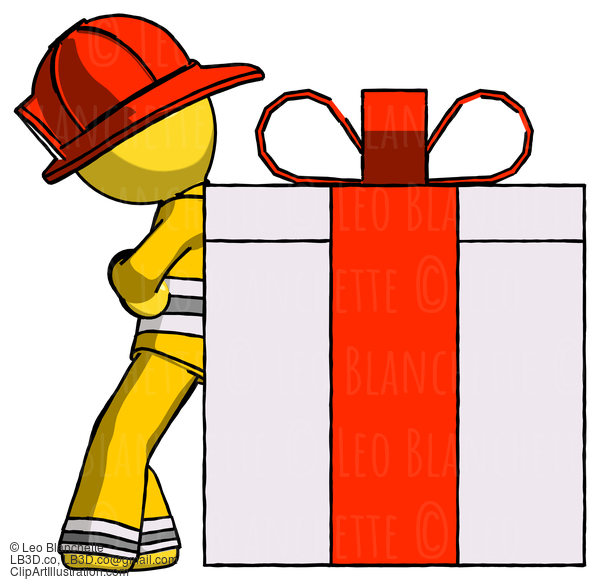 Yellow Firefighter Fireman Man Gift Concept - Leaning Against Large Present #14285