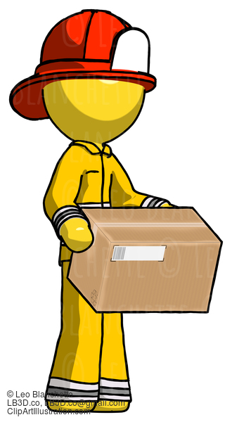 Yellow Firefighter Fireman Man Holding Package To Send Or Recieve In Mail #14287