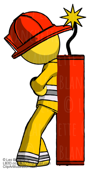 Yellow Firefighter Fireman Man Leaning Against Dynimate, Large Stick Ready To Blow #14288