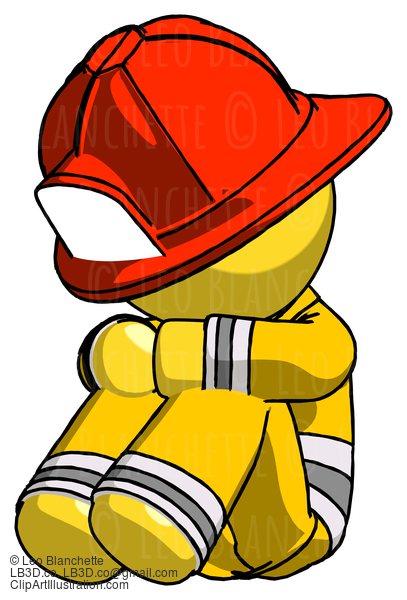 Yellow Firefighter Fireman Man Sitting With Head Down Facing Angle Left #14289