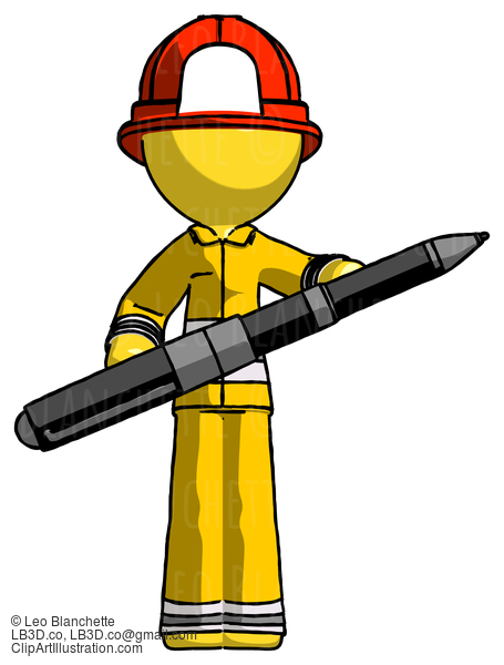 Yellow Firefighter Fireman Man Posing Confidently With Giant Pen #14290