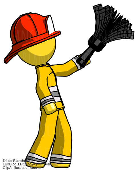 Yellow Firefighter Fireman Man Dusting With Feather Duster Upwards #14293