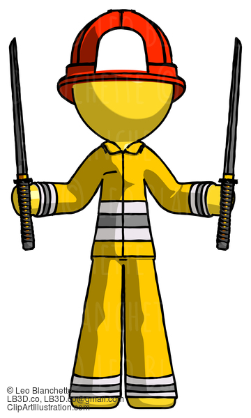 Yellow Firefighter Fireman Man Posing With Two Ninja Sword Katanas Up #14294