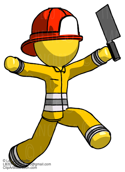 Yellow Firefighter Fireman Man Psycho Running With Meat Cleaver #14295