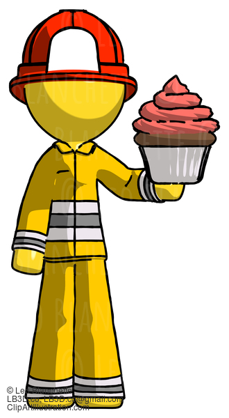 Yellow Firefighter Fireman Man Presenting Pink Cupcake To Viewer #14296