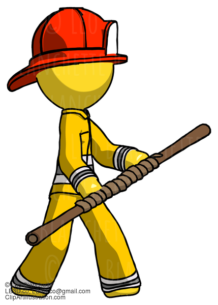 Yellow Firefighter Fireman Man Holding Bo Staff In Sideways Defense Pose #14299