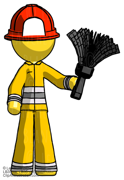 Yellow Firefighter Fireman Man Holding Feather Duster Facing Forward #14301