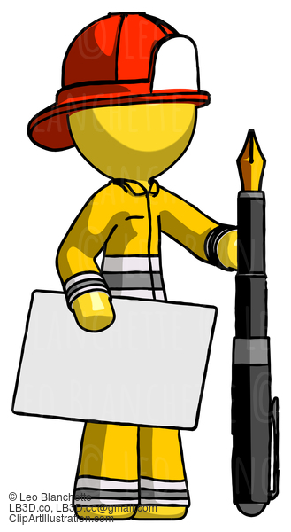 Yellow Firefighter Fireman Man Holding Large Envelope And Calligraphy Pen #14302