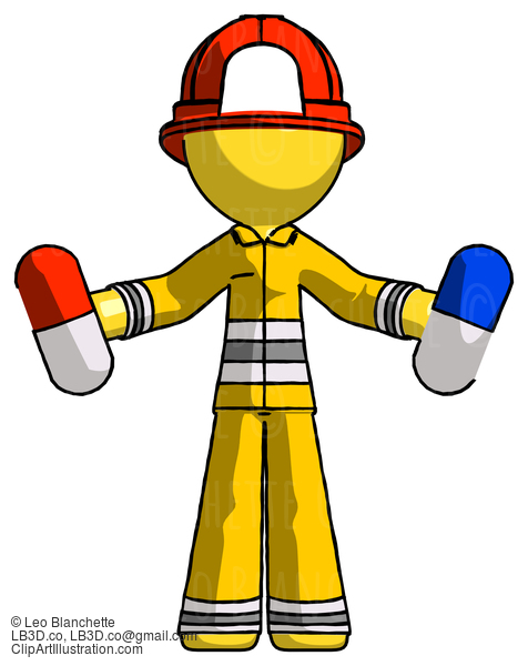 Yellow Firefighter Fireman Man Holding A Red Pill And Blue Pill #14303