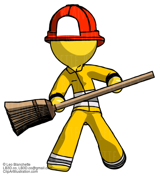 Yellow Firefighter Fireman Man Broom Fighter Defense Pose #14304