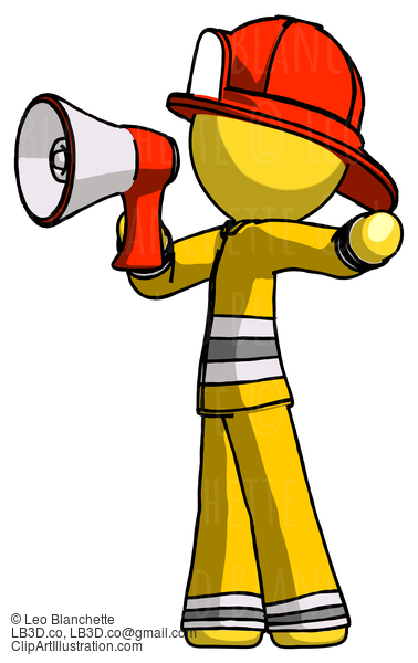 Yellow Firefighter Fireman Man Shouting Into Megaphone Bullhorn Facing Left #14306