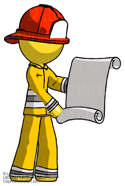 Yellow Firefighter Fireman Man Holding Blueprints Or Scroll #14307