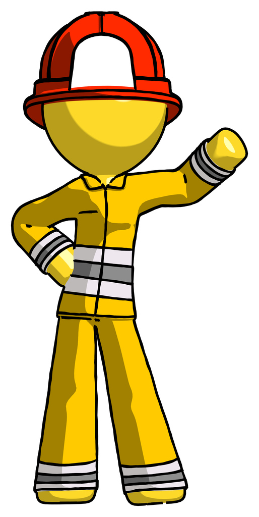Yellow Firefighter Fireman Man Waving Left Arm with Hand on Hip