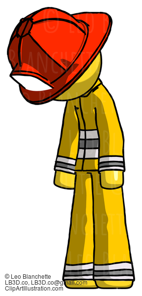 Yellow Firefighter Fireman Man Depressed With Head Down Turned Left #14313