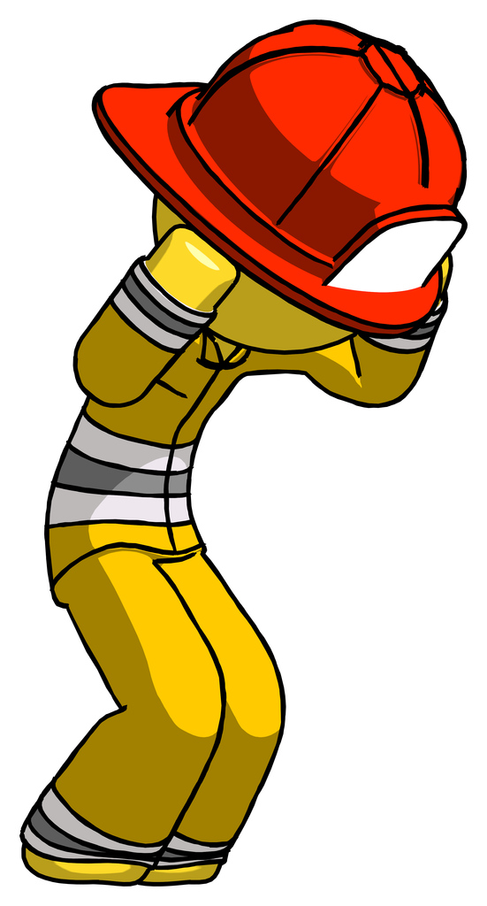 Yellow Firefighter Fireman Man with Headache or Covering Ears Turned to his Right