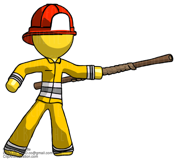 Yellow Firefighter Fireman Man Bo Staff Pointing Right Kung Fu Pose #14315