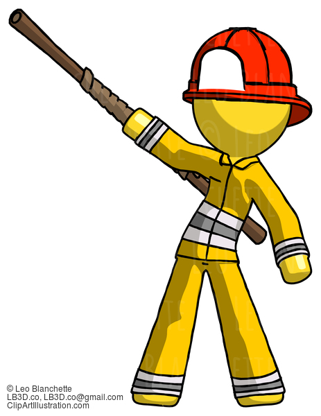 Yellow Firefighter Fireman Man Bo Staff Pointing Up Pose #14316