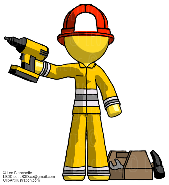 Yellow Firefighter Fireman Man Holding Drill Ready To Work, Toolchest And Tools To Right #14321