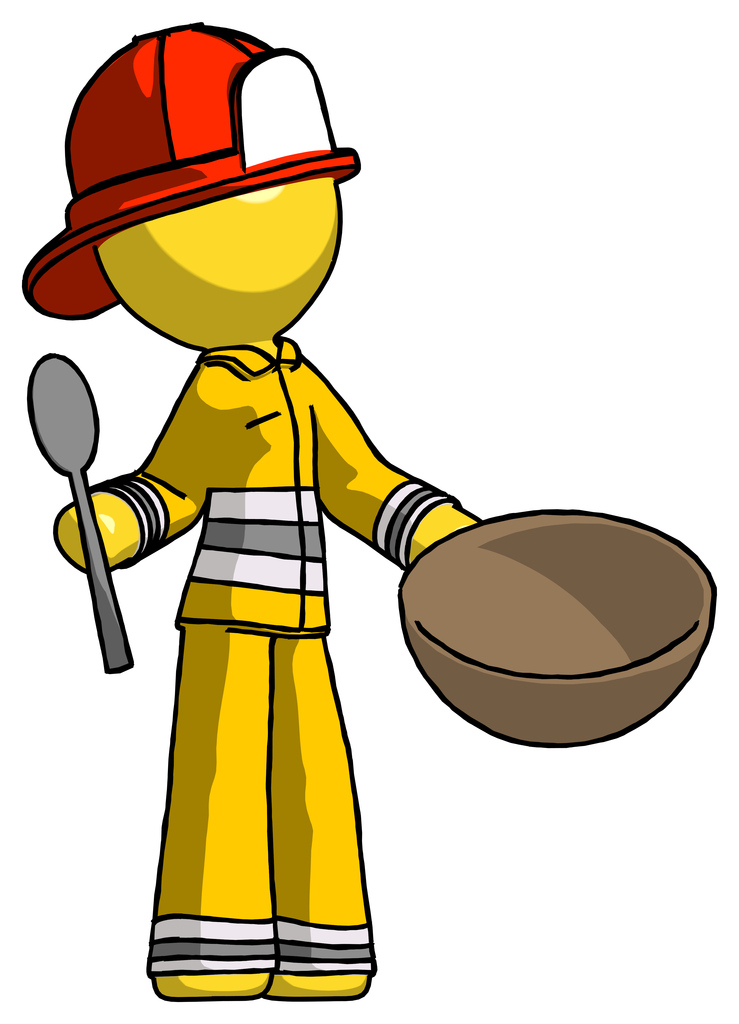 Yellow Firefighter Fireman Man with empty bowl and spoon ready to make something
