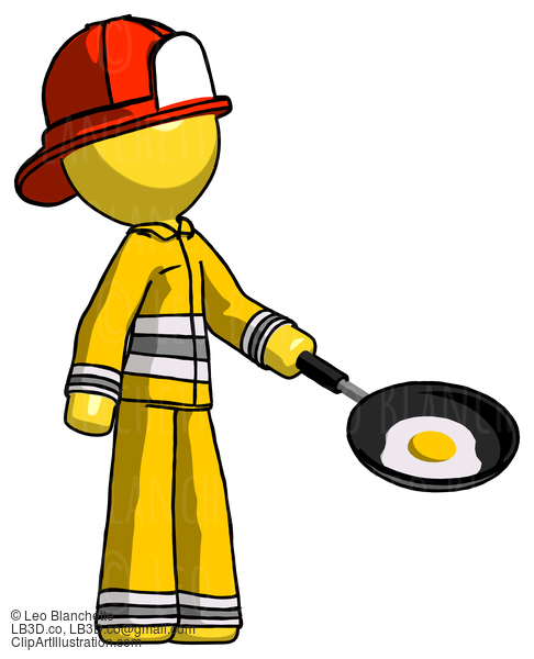 Yellow Firefighter Fireman Man Frying Egg In Pan Or Wok Facing Right #14323