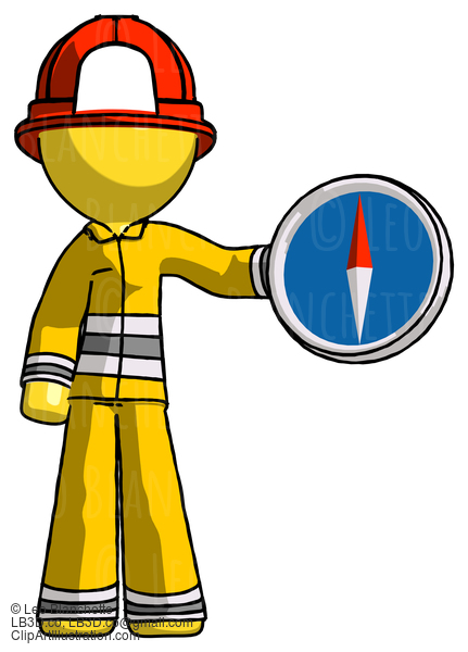 Yellow Firefighter Fireman Man Holding A Large Compass #14324