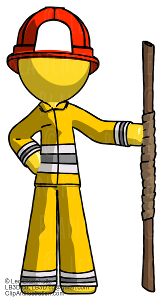 Yellow Firefighter Fireman Man Holding Staff Or Bo Staff #14328