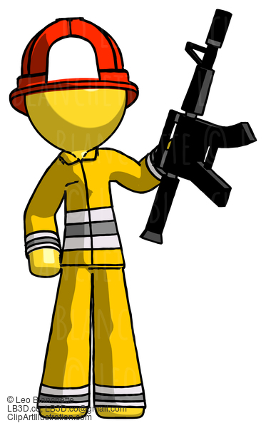 Yellow Firefighter Fireman Man Holding Automatic Gun #14329