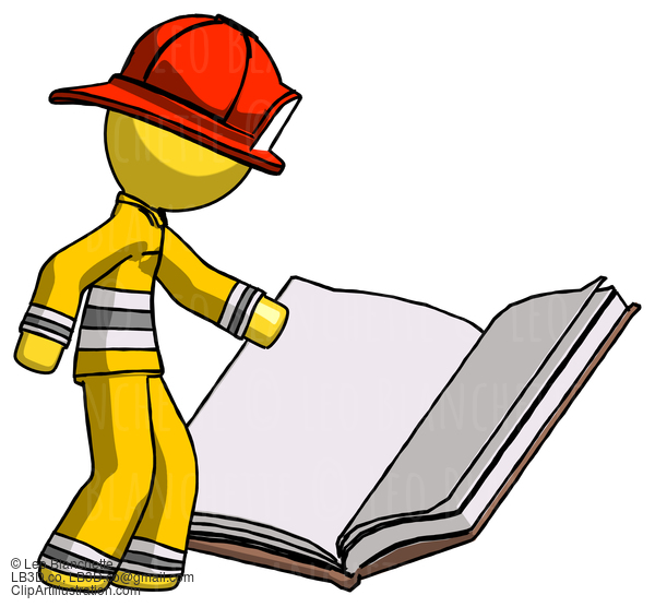 Yellow Firefighter Fireman Man Reading Big Book While Standing Beside It #14331