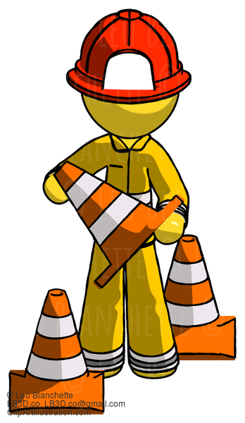 Yellow Firefighter Fireman Man Holding A Traffic Cone #14334