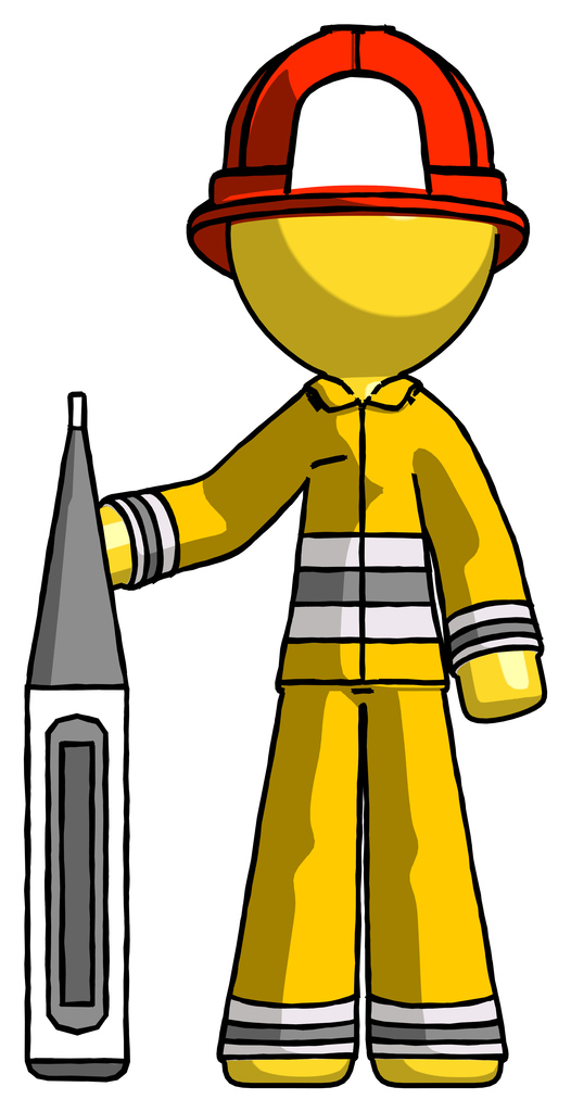 Yellow Firefighter Fireman Man Standing With Large Thermometer