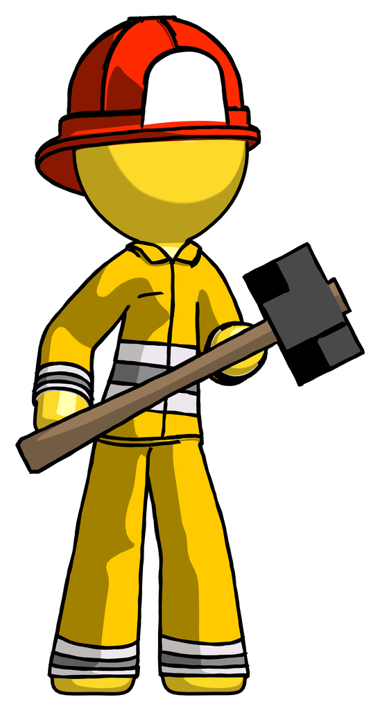 Yellow Firefighter Fireman Man with sledgehammer standing ready to work or defend